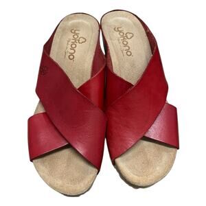 Yokono red leather crossover sandals known as the Candela  Mora cork wedge sz 8